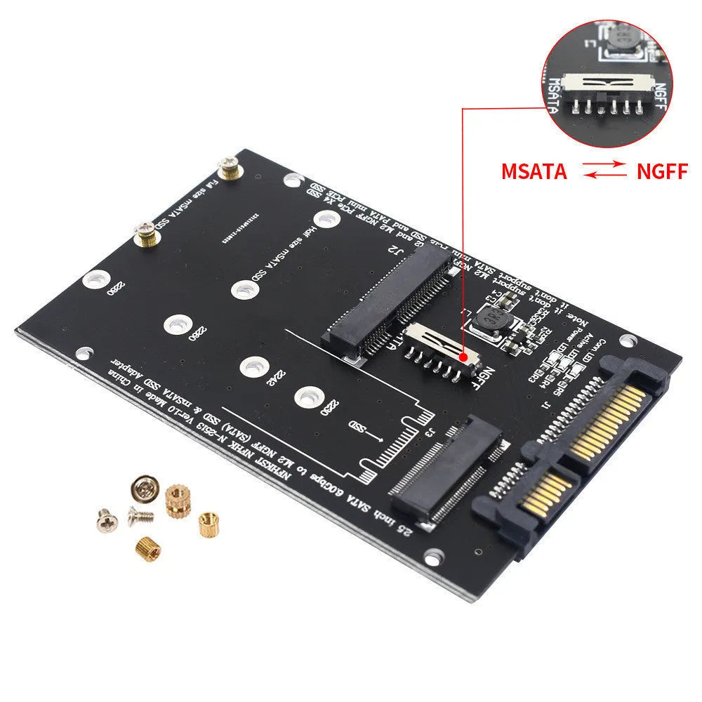 Black and blue SATA3 to M2 NGFF MSATA SSD conversion adapter card on a white background