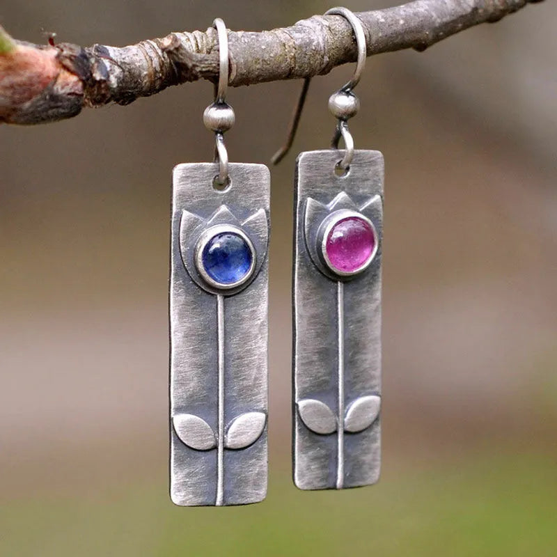 Women's antique finish red sapphire geometric earrings with retro style and electroplated metal construction