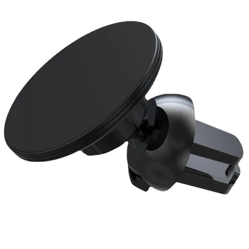 Black aluminium alloy magnetic car phone holder attached to car air vent