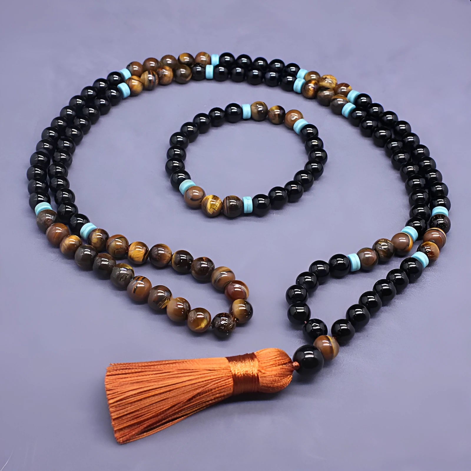 Natural agate jewellery set with Tiger eye stone ornament showing bracelet and necklace pieces