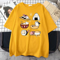Mens loose fit black cotton t-shirt with a colourful cute cat sushi cartoon design on the front.