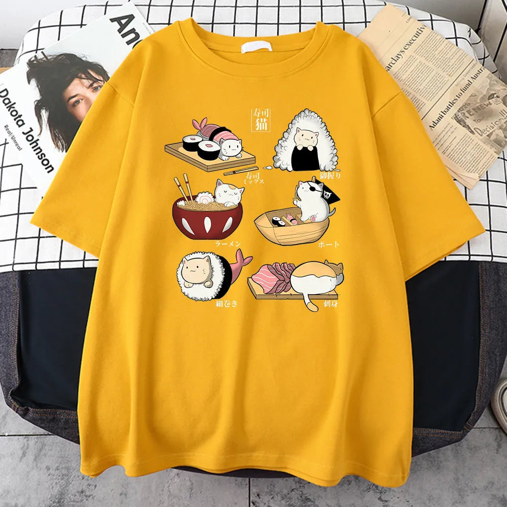 Mens loose fit black cotton t-shirt with a colourful cute cat sushi cartoon design on the front.