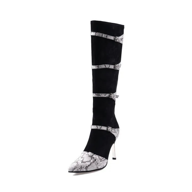 Grey and black women's knee-high stiletto heel boots with a velvet lining.