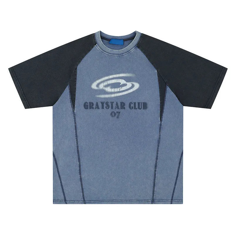 Blue hip hop letter print men's cotton t-shirt with raglan sleeves and loose fit design