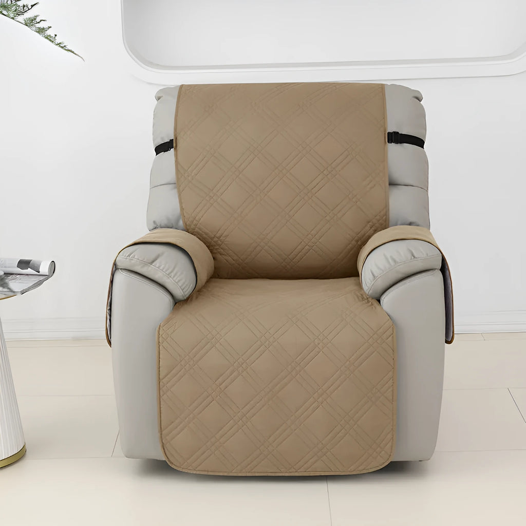 Quilted waterproof cover fitted on a small single Chivas massage chair in peacock blue colour.