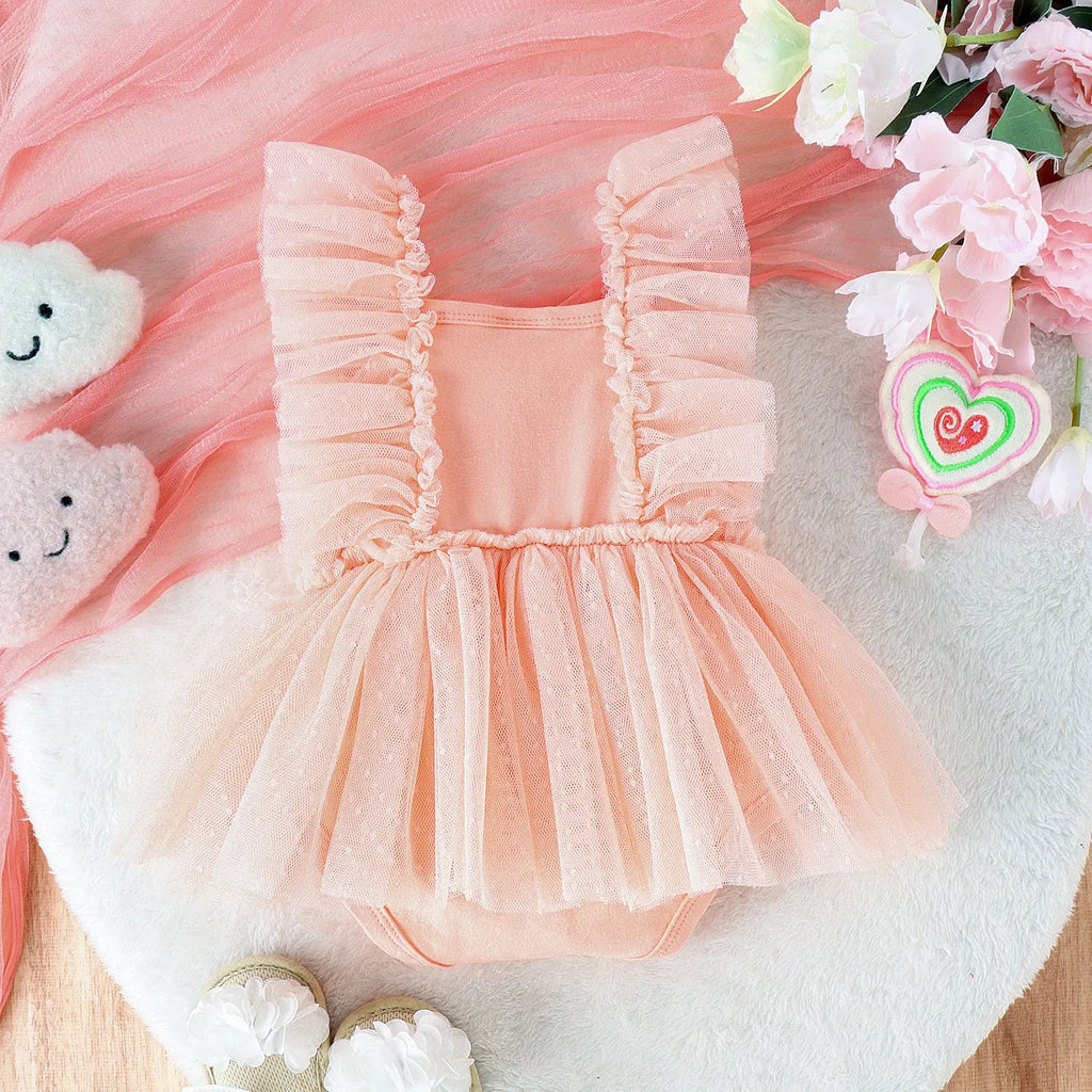 Cotton baby jumpsuit with net skirt triangle bodysuit in pink for summer girls 0-18 months