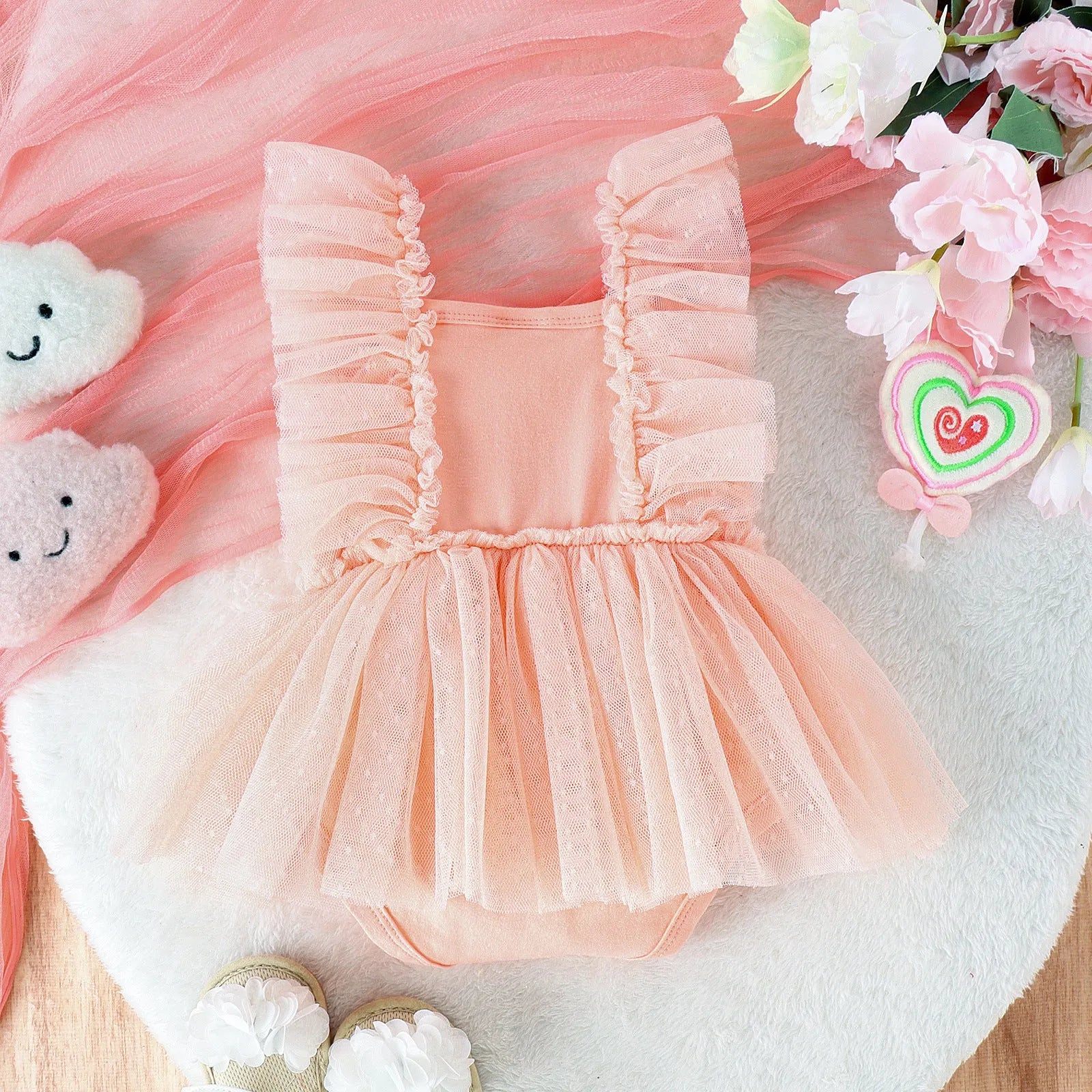 Cotton baby jumpsuit with net skirt triangle bodysuit in pink for summer girls 0-18 months