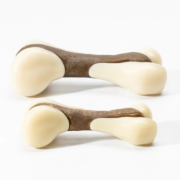 Dog bone grinding rod chew toy with cowhide and nylon construction in foodie bones design