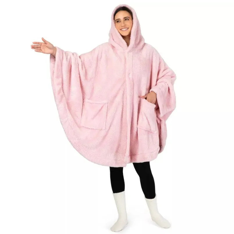 A super thick hooded bathrobe for adults in a free size, shown in black, dark grey, or pink.