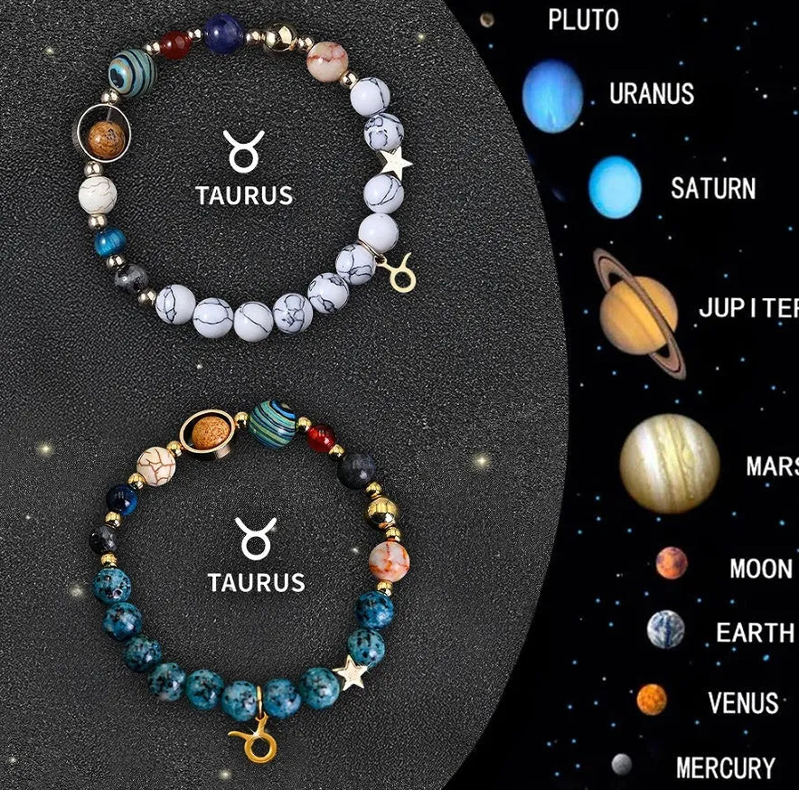 Natural stone zodiac sign beaded bracelet set showing two adjustable bracelets with gemstone beads