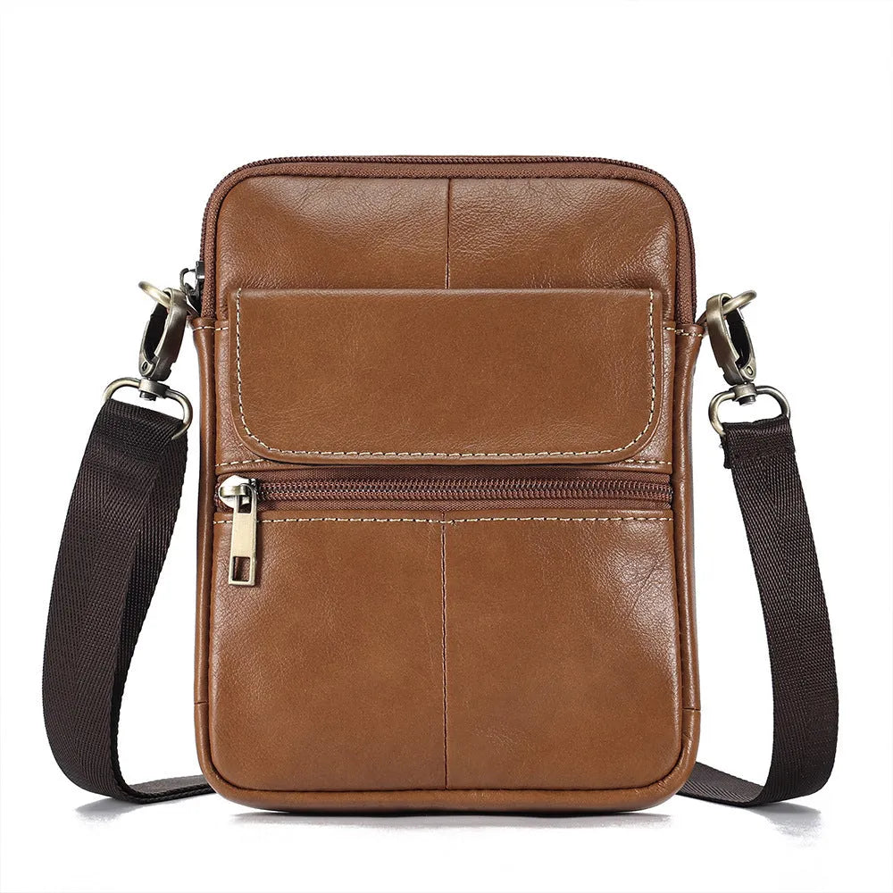 Men's brown genuine leather crossbody shoulder bag with sewing line detailing.