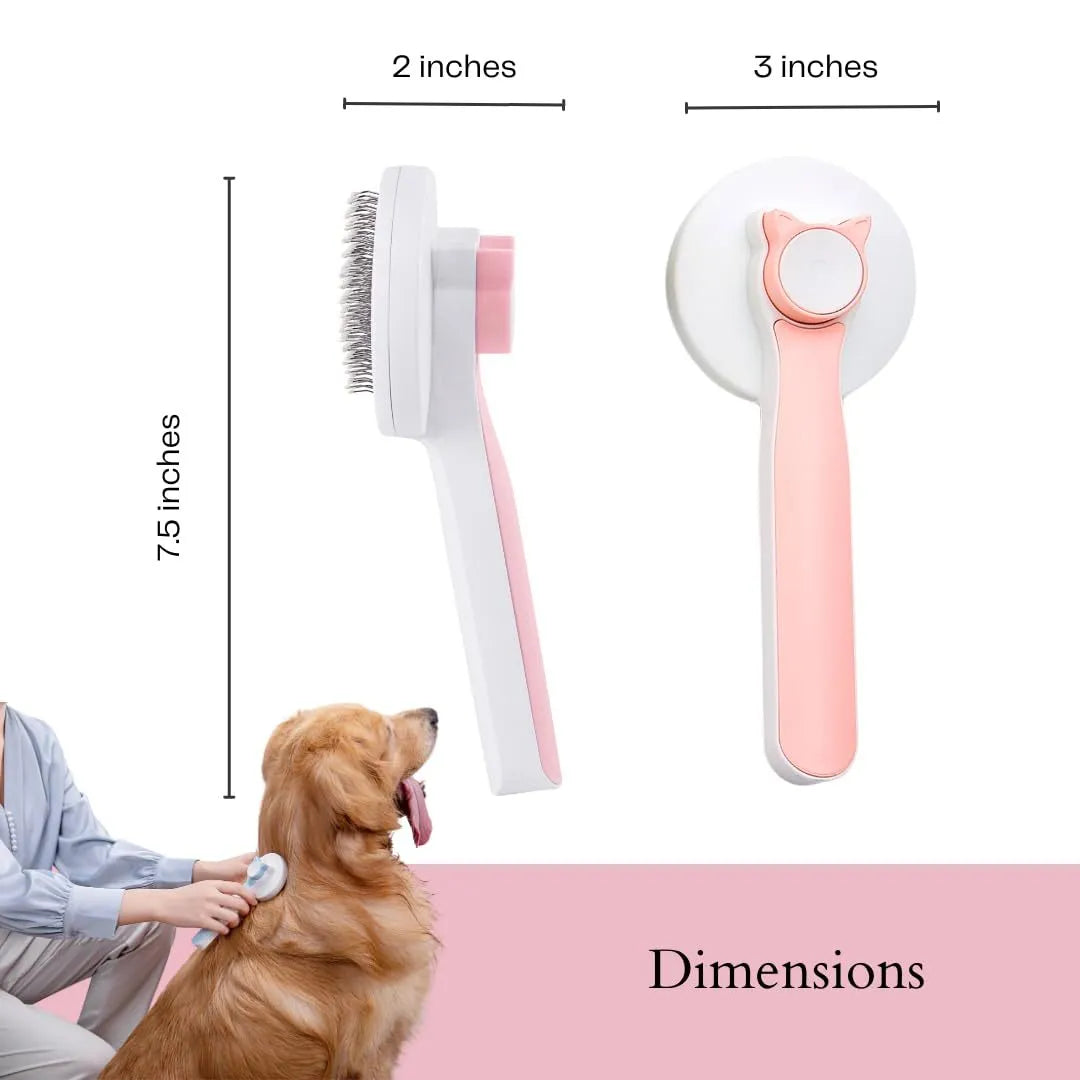 Self-cleaning slicker brush for pet grooming with blue handle and stainless steel pins