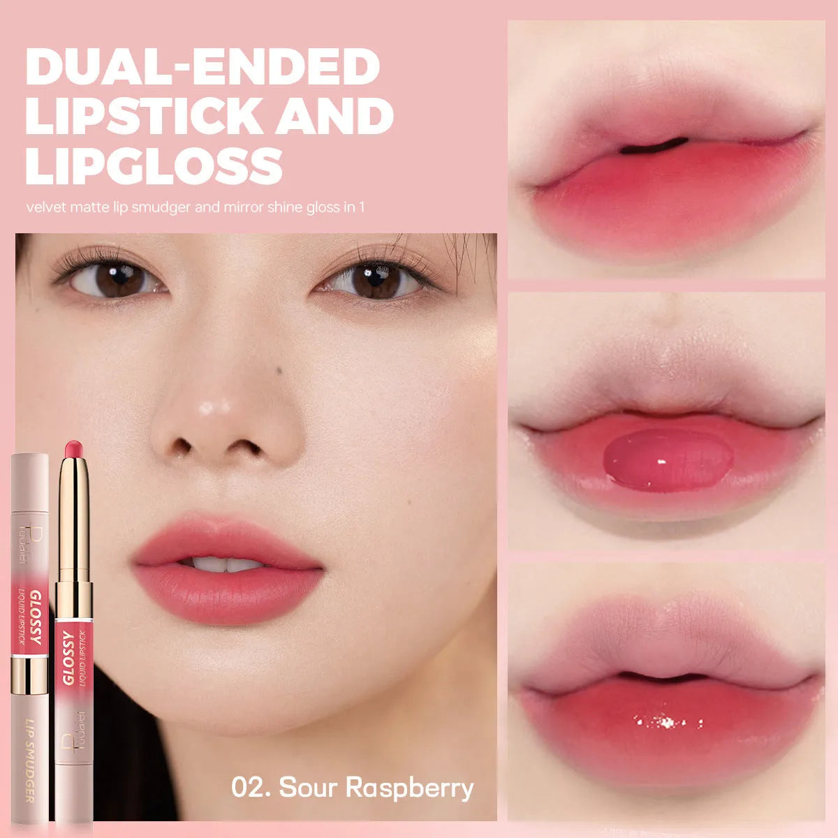 Double-headed lipstick and lip gloss stick showing ten colour options with matte finish