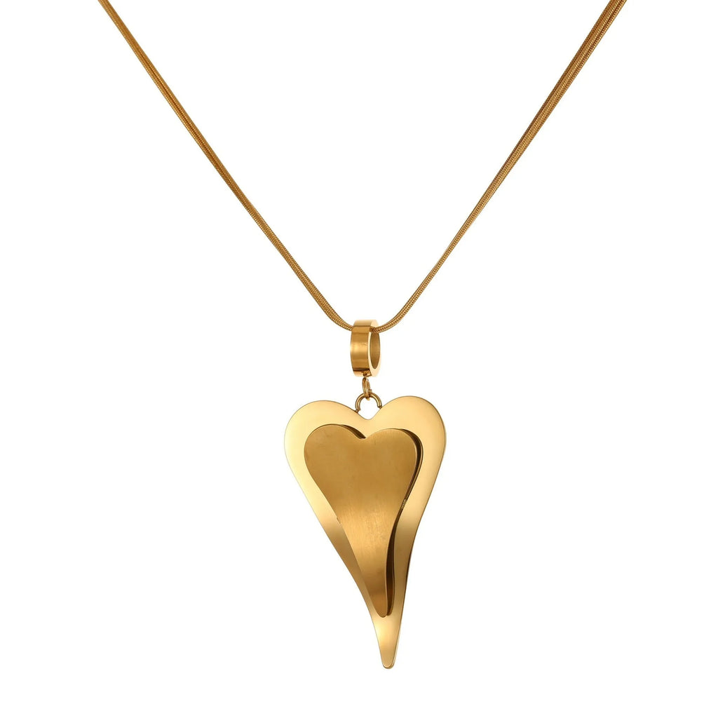 Women's geometric snake bones chain necklace with double heart design in gold or steel finish