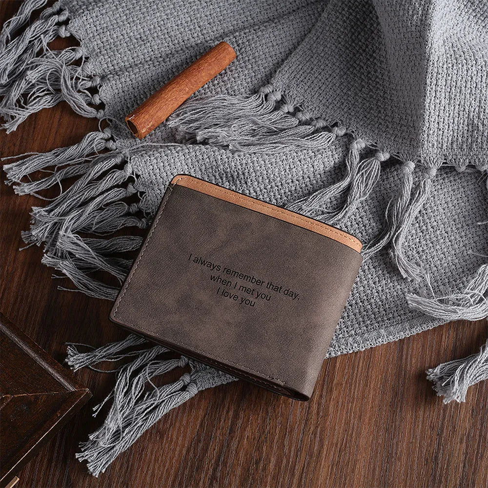 Coffee brown engraved horizontal short wallet with photo engraving showing dimensions of 120mm width