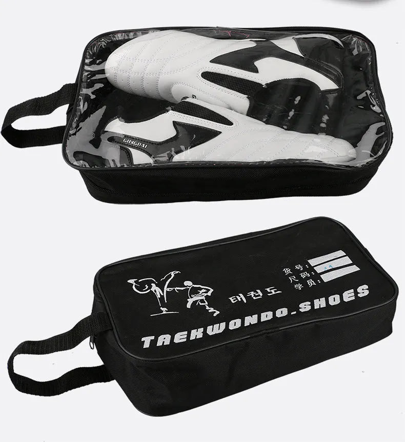 Children's black and white Taekwondo shoes with soft bottom and widened PU leather upper for training