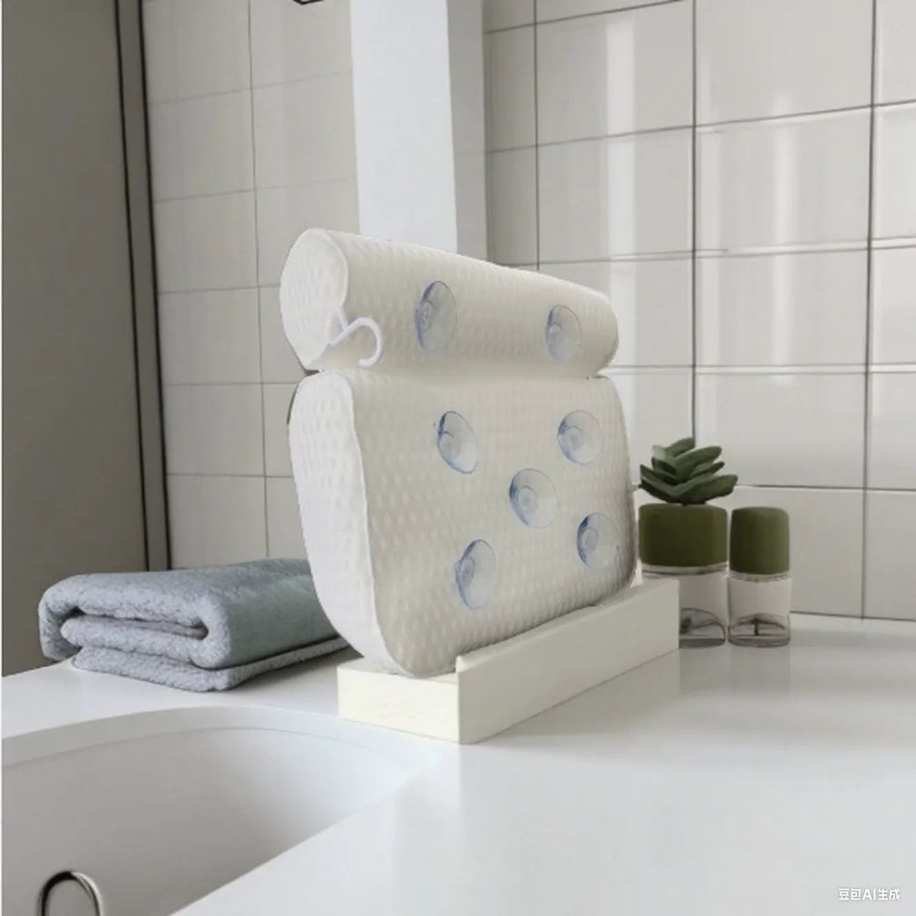 White bathtub pillow with 4D mesh construction and 7 suction cups measuring 37x34cm