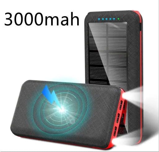 Qi wireless solar power bank with 3 USB outputs and LED flashlight in black plastic shell
