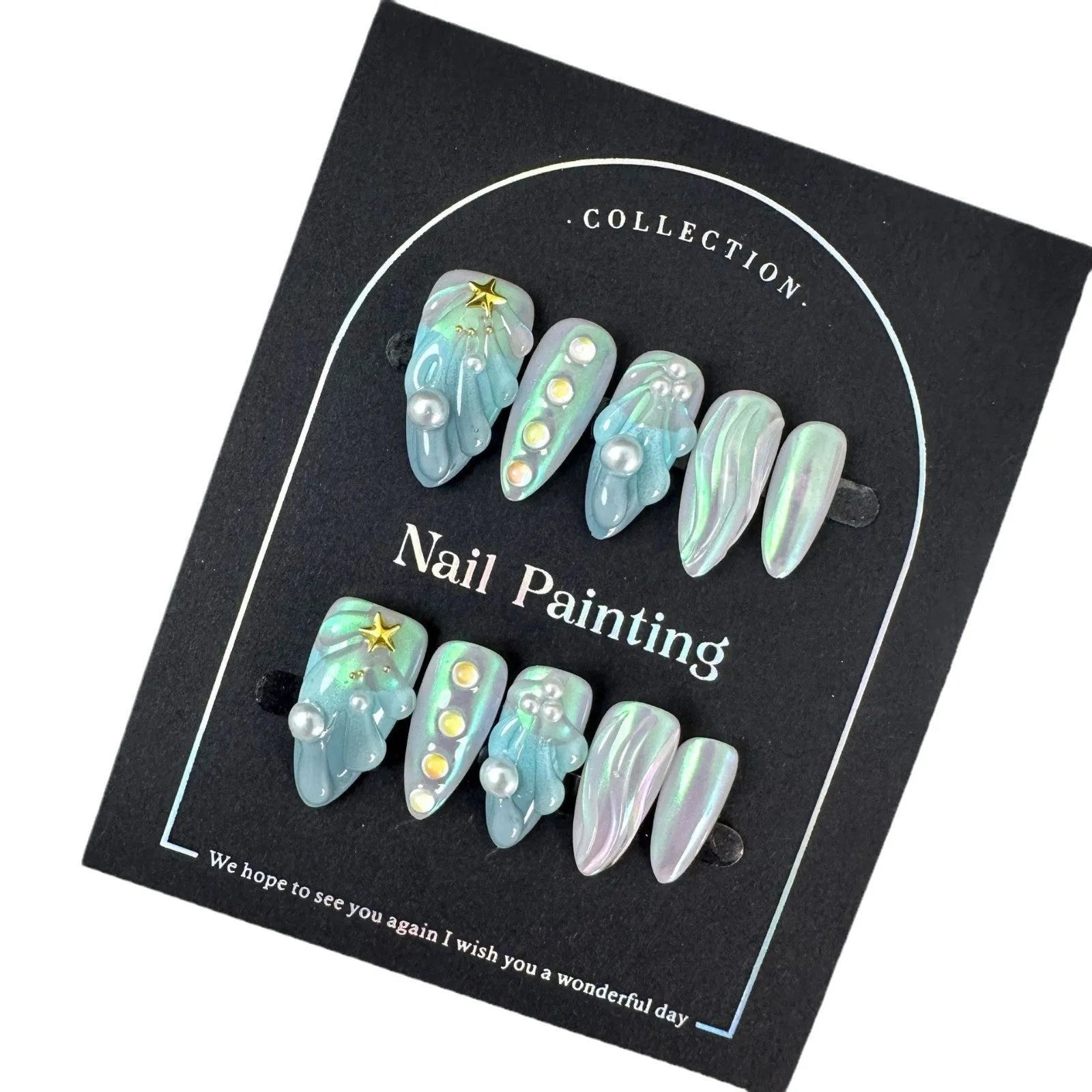 Blue plastic HAILANG false nail tips set showing sizes XS, S, M, L on a card.