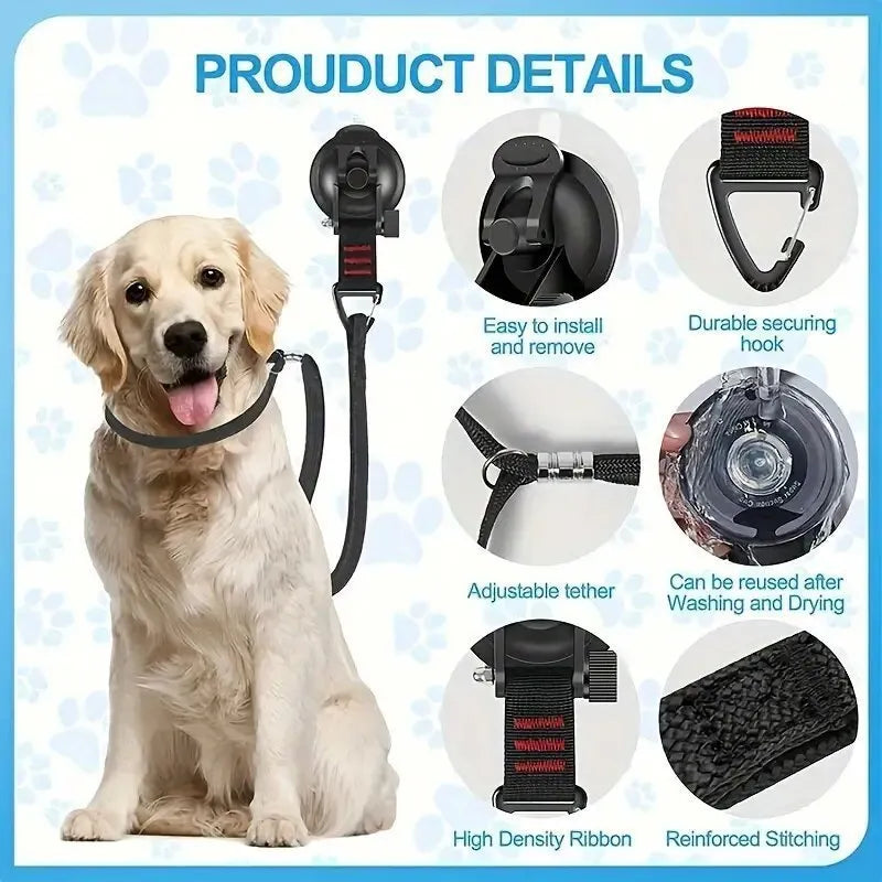 Pet bathing restraint with suction cup handcuffs and adjustable traction rope in black colour