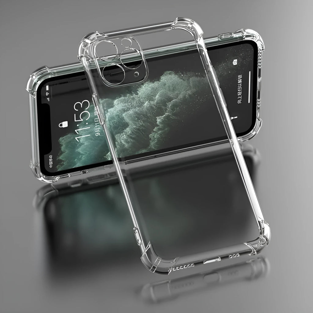 Clear TPU shockproof phone case for multiple Apple iPhone models showing transparent design
