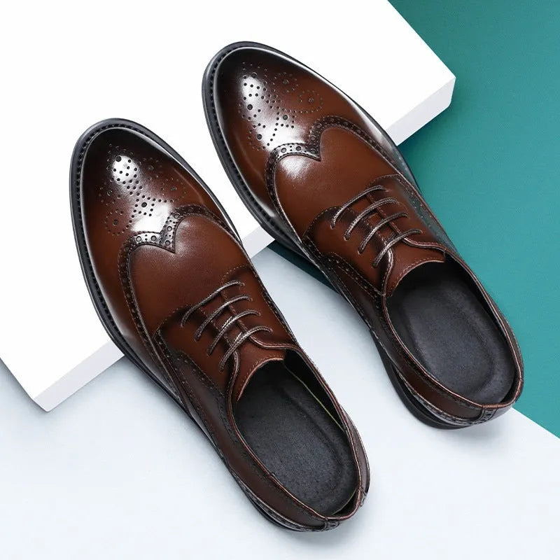 Men's black and brown brogue business shoes with traditional detailing and PU leather upper