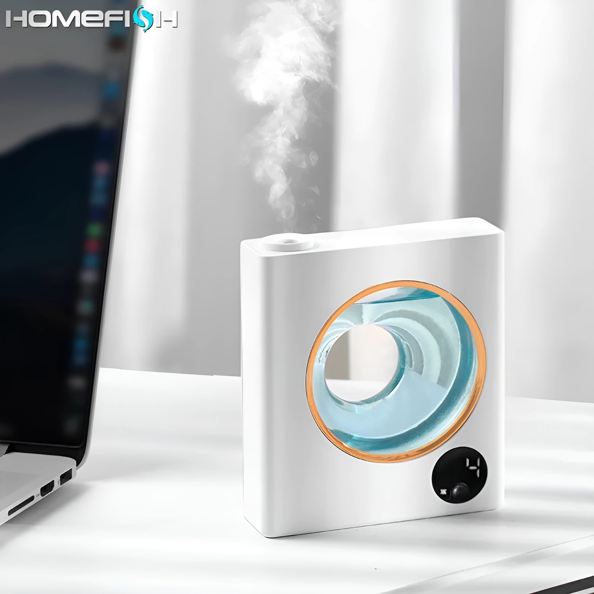 Small white automatic aromatherapy machine mounted on wall with USB charging cable