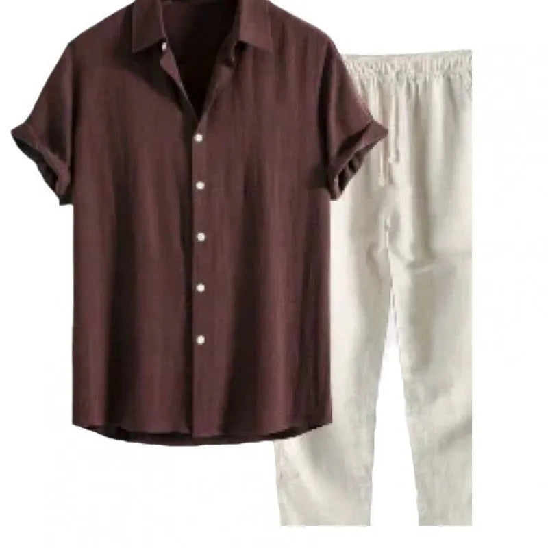 Men's loose fitting short sleeve shirt and trousers suit in linen-look polyester fabric on hanger
