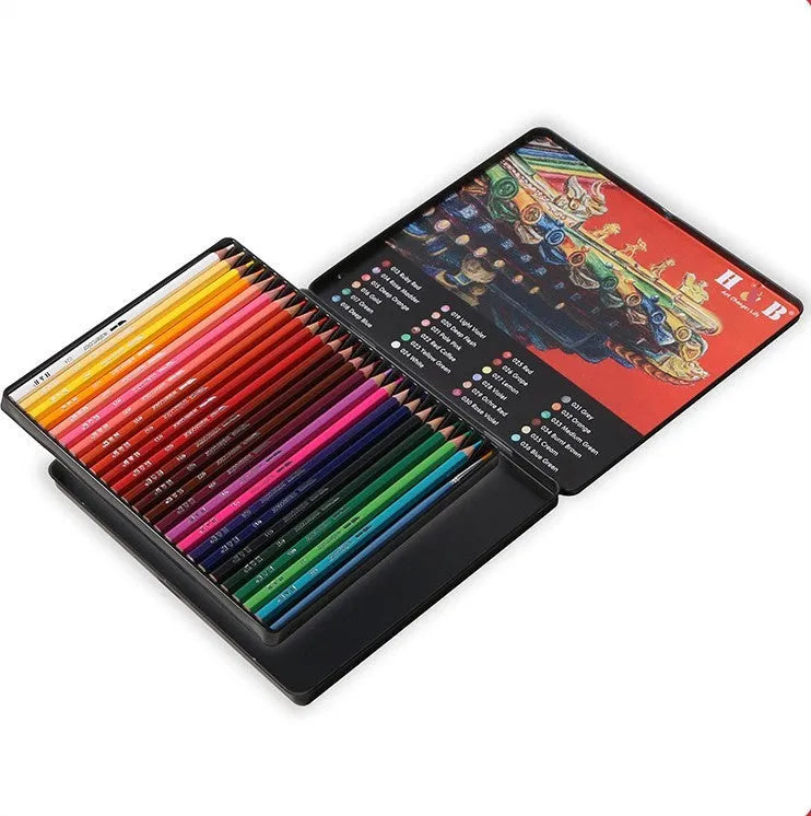 Wooden tin box open to show 24 water-soluble coloured pencils.