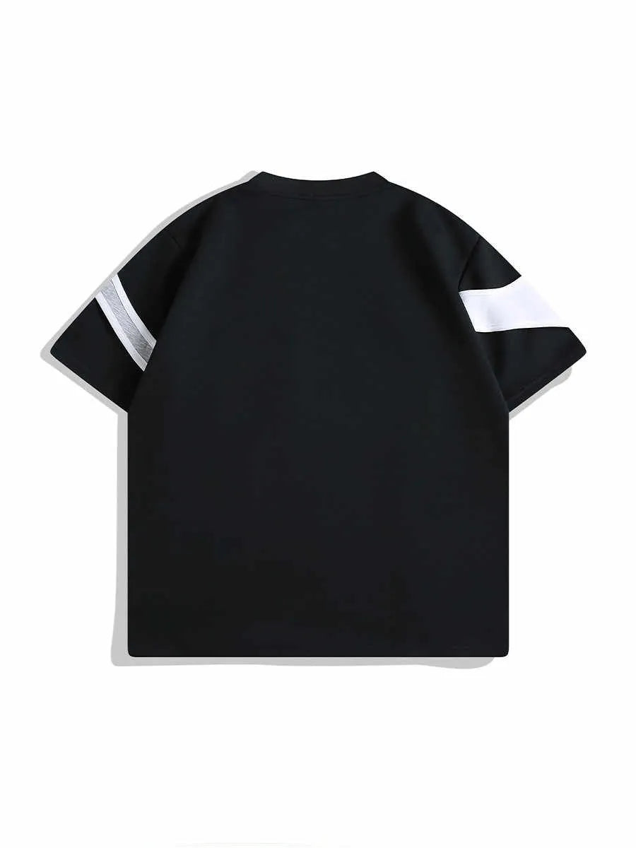 Black and white double-layer stitching padded shoulder T-shirt with round neck collar and short sleeves