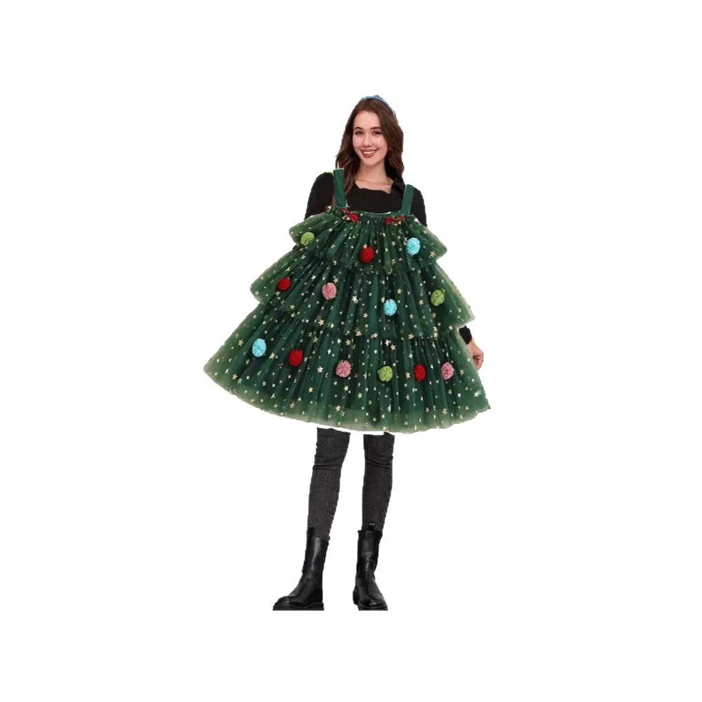 Green polyester dress with polka dot ball decoration, tiered layers, wide waistband and sleeveless design