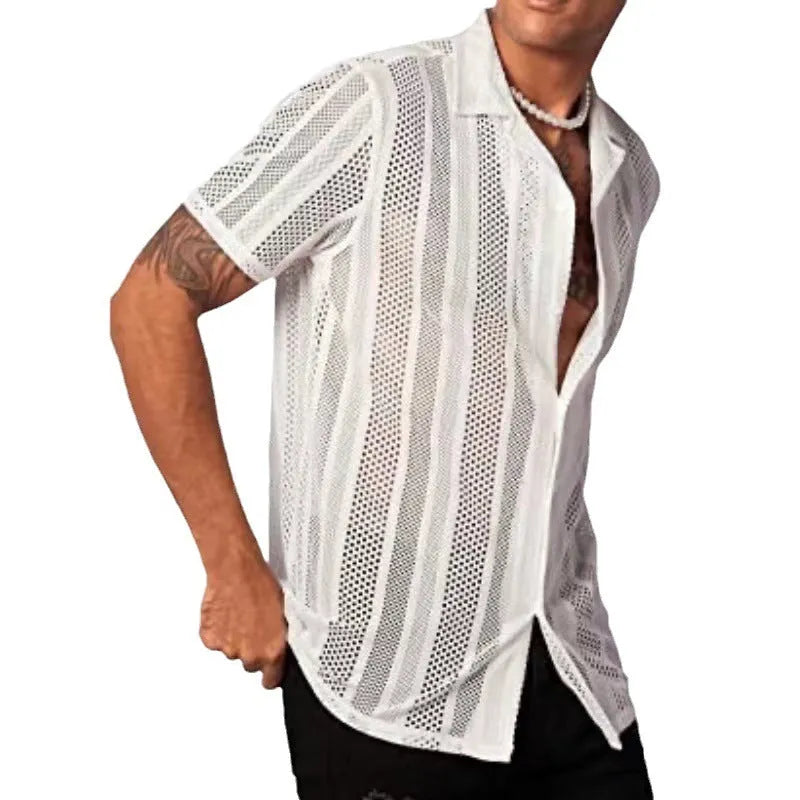 Man wearing a black knitted short-sleeved button cardigan shirt with jacquard detailing.