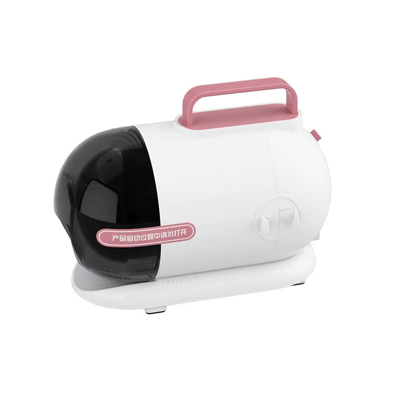 Pink and white pet hair vacuum cleaner and grooming shaver kit with attachments on a white background.