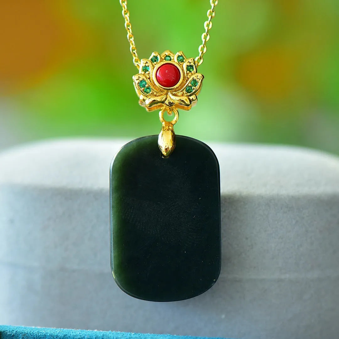 Natural Hetian Jade pendant with copper inlaid details on necklace chain