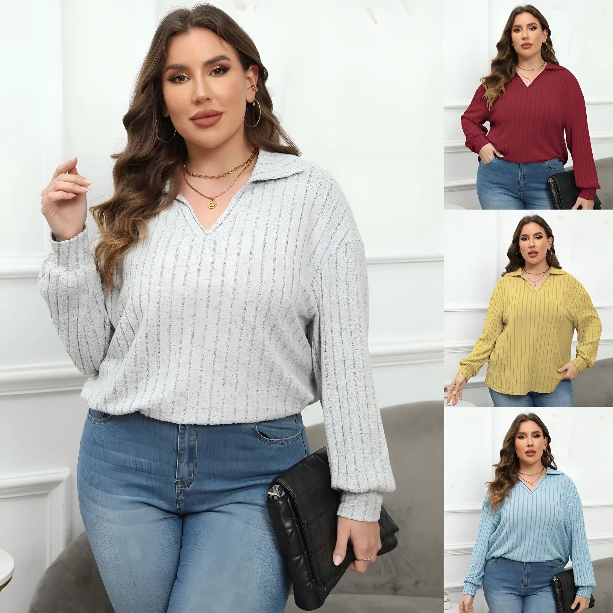 Plus size women's gray fleece pullover with a polo collar and lantern sleeves on a hanger.
