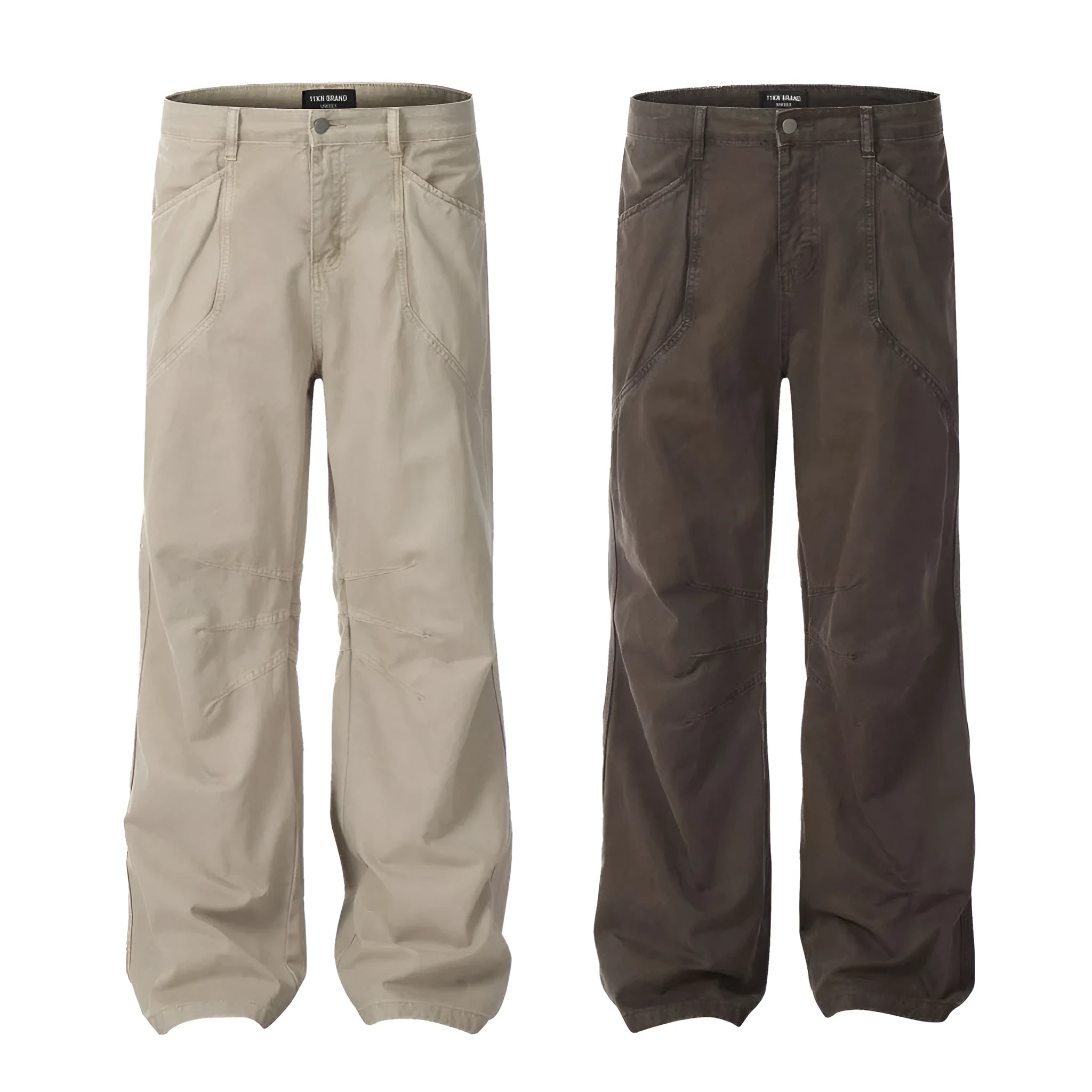 Men's brown loose straight-leg cotton trousers with a high waist and zipper fly.