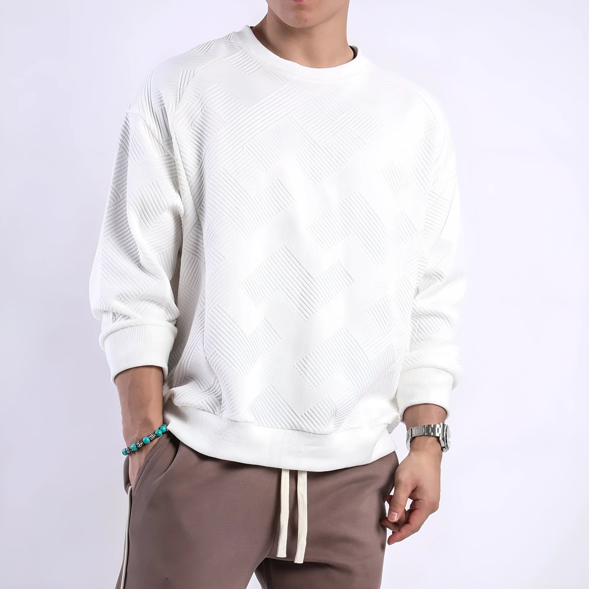 Men's twill jacquard loose fit round neck sweater solid colour