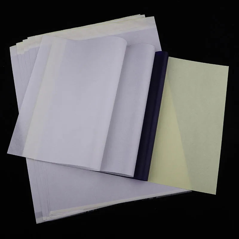 A4 tattoo transfer paper packs for use with transfer paste gel, showing hand-drawn line art.