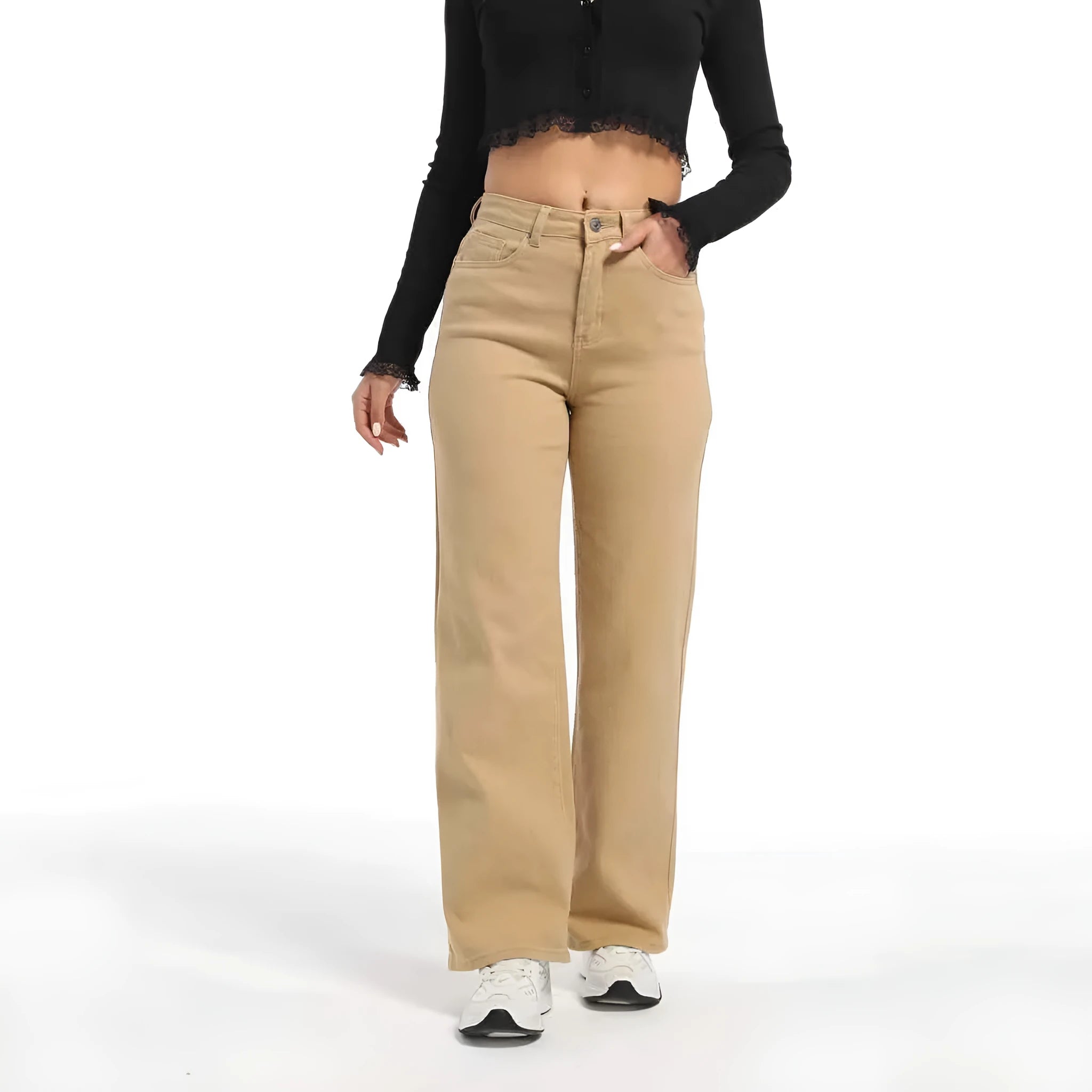 Women's apricot wide leg straight jeans with high waist on a hanger