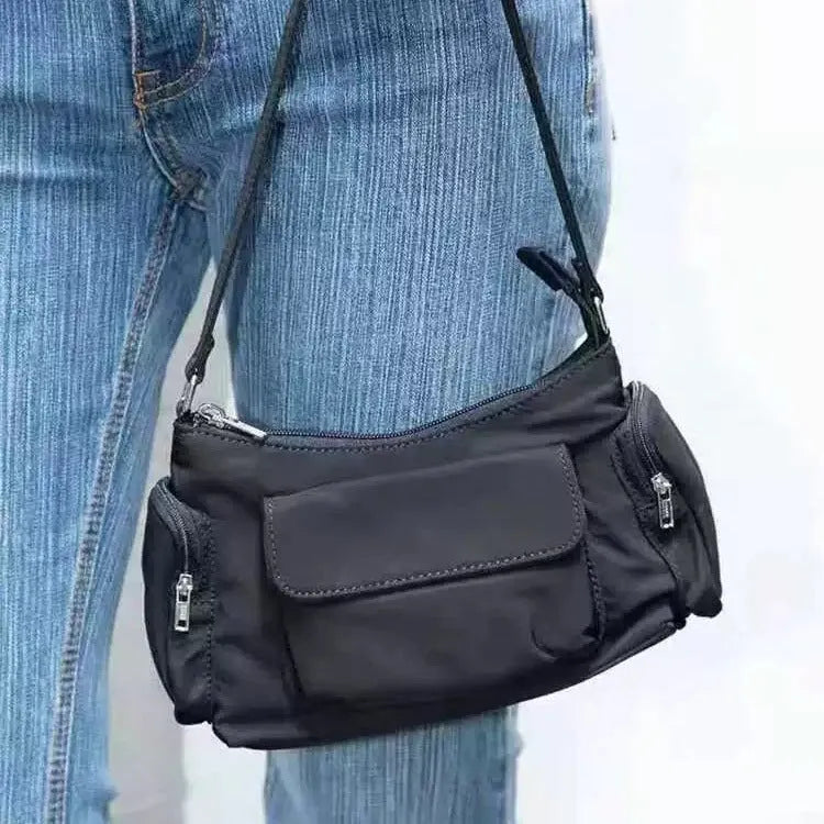 Black nylon women's shoulder bag with double pockets and side-line detailing