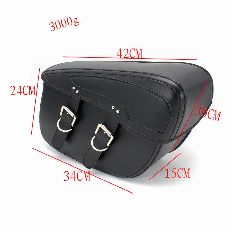 Retro style motorcycle saddle bag in PU leather with dimensions 42cm by 15cm by 30cm