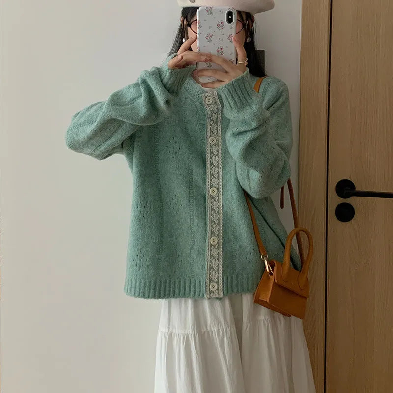 Korean art retro loose-fitting sweater coat in apricot, shown as a cardigan-style viscose knit.