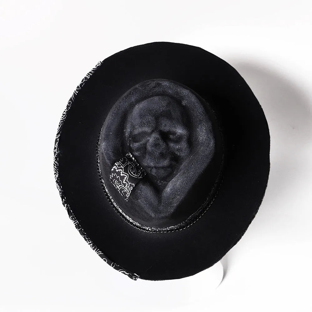 Handmade Halloween skull hat in wool felt and denim with conical crown shape