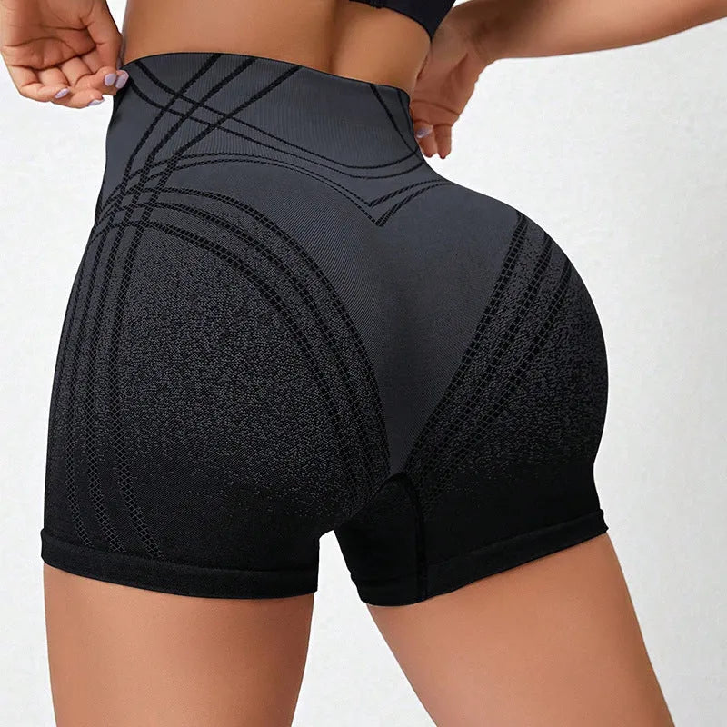 Women's high waisted gradient fitness shorts in black, nylon fabric, sizes XS to L