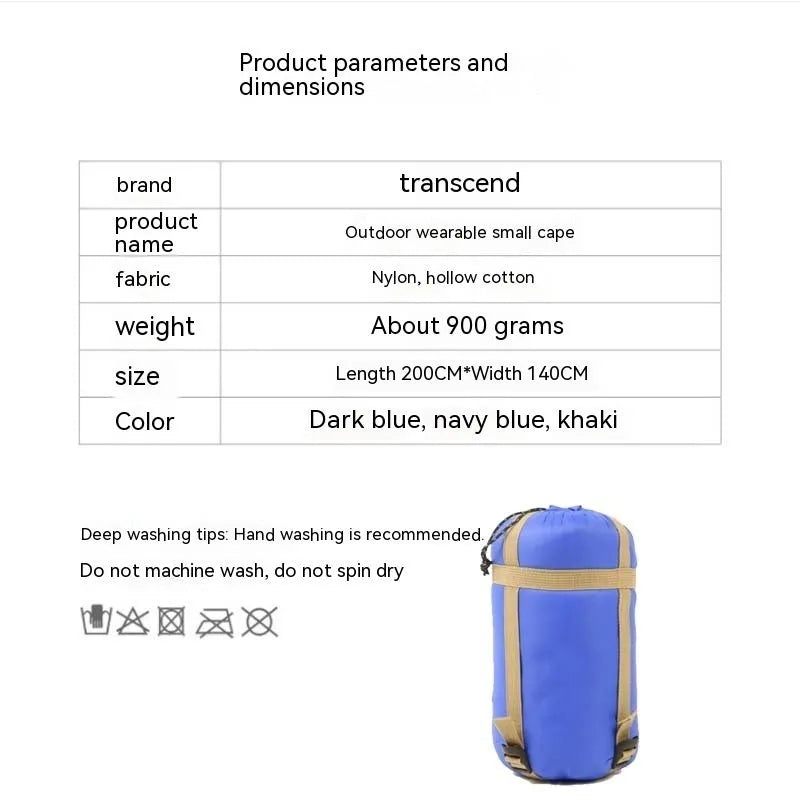 Army Green wearable cloak sleeping bag laid flat showing 200x140cm size and cape hood.