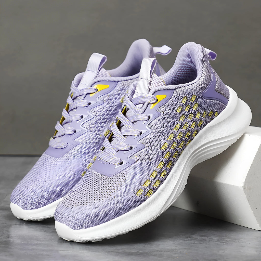 Women's lavender purple Flyknit mesh running shoes with striped pattern and EVA sole