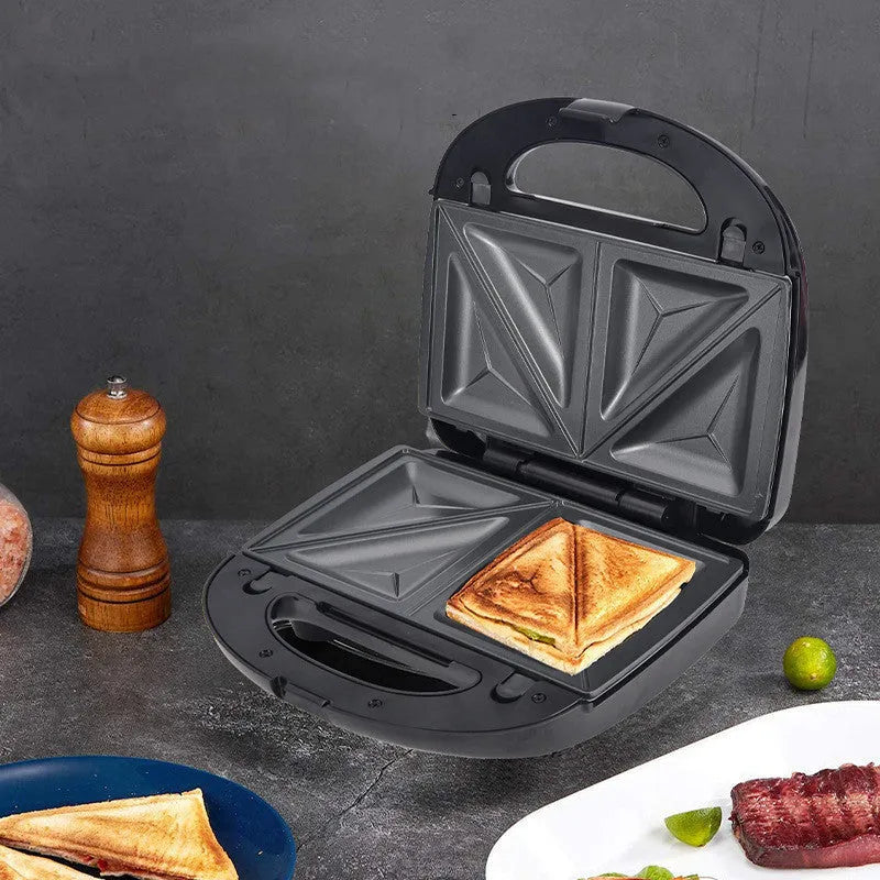 Black double-sided electric sandwich maker with non-stick plates and stainless steel lid