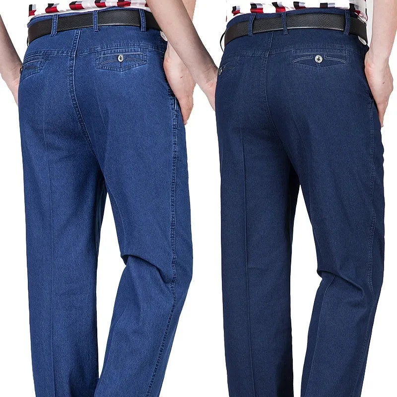 Men's high waist loose casual jeans cotton denim zipper fly thin light blue colour