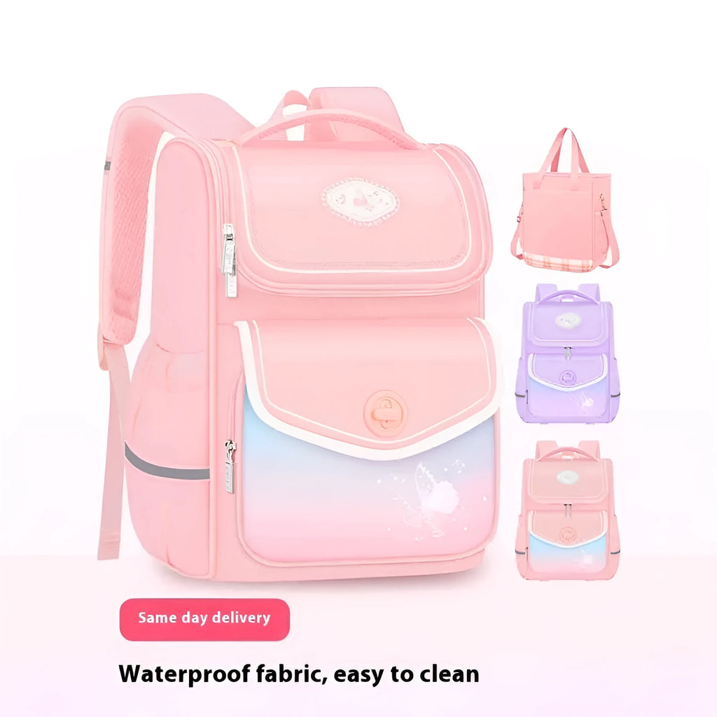 Girls waterproof Oxford cloth school backpack for primary years 1-6 in pink, purple and green colours