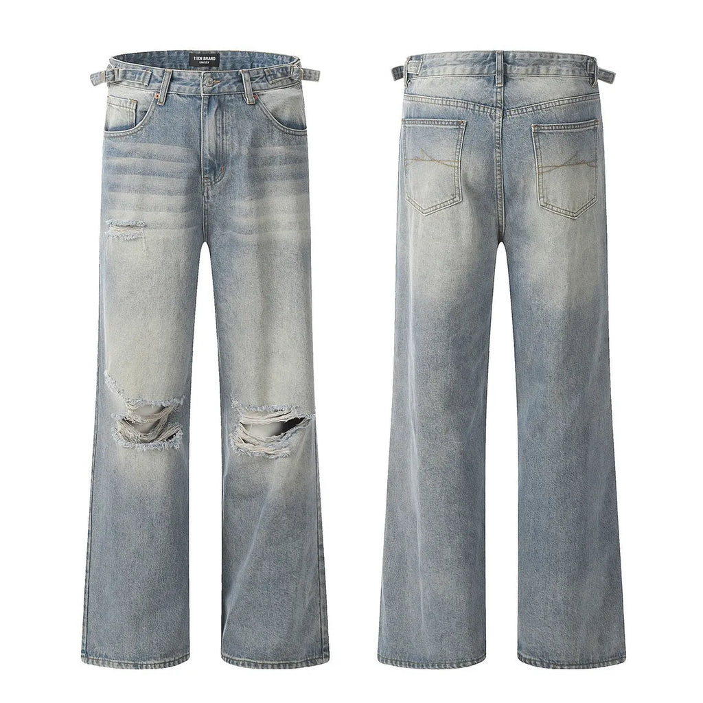 Blue men's retro straight-leg jeans with ripped details and a zipper fly.